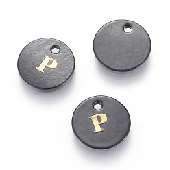 Letter P Süßwasserschalencharme, mit Goldblockschrift, gefärbt, Flachrund, Schwarz, letter.p, 11x1.5 mm, Bohrung: 1.5 mm