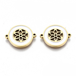 Golden 304 Edelstahl-Emaille-Verbindungsverbinder, Laserschnitt, flach rund mit Blume, weiß, golden, 14.5x18.5x2 mm, Bohrung: 1.2 mm
