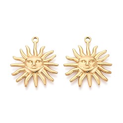 Настоящее золото 18K 304 подвески из нержавеющей стали, солнце с очарованием человеческого лица, ионное покрытие (ip), реальный 18 k позолоченный, 31x27x3 мм, отверстие : 2 мм