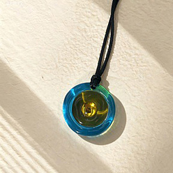 Rond Plat Colliers pour hommes et femmes avec pendentif en acrylique et cordon en cuir PU noir, dark cyan, plat rond, 15.75 pouce (40 cm), pendentif: 22 mm