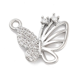 Платина Подвески из латуни с прозрачным фианитом, без кадмия, без никеля и без свинца, очарование бабочки, платина, 12x13.5x2.5 мм, отверстие : 1.4 мм