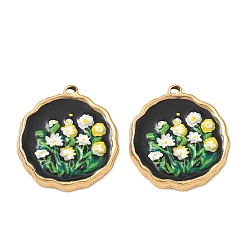 Flat Round 304 Stainless Steel Enamel Pendants, Flower Pattern Charms, Golden, Flat Round Charms, 18.5x16x2mm, Hole: 1mm