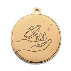 Golden 304 Stainless Steel Pendants, Flat Round with Hand & Diamond, Golden, 28x25x1.4mm, Hole: 2mm