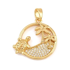 Clair Pendentifs d'été en laiton sertis de micro-pavés de zircone cubique, plat rond avec des breloques en forme de cocotier et de tortue, or, clair, 20x20x4mm, Trou: 5x2mm