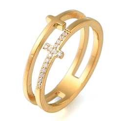Настоящее золото 18K Ионное покрытие (IP) 304 кольца из нержавеющей стали с микропаве из прозрачного кубического циркония на палец с перекрестием для женщин, реальный 18 k позолоченный, 8 мм, внутренний диаметр: 17 мм