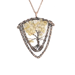Yellow Quartz Natural Yellow Quartz Brass Wire Wrapped Pendants, with Alloy Fingdings, Triangle with Tree, Antique Bronze, 53x48mm