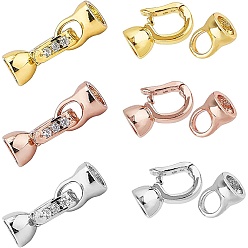 Mixed Color Brass Micro Pave Clear Cubic Zirconia Fold Over Clasps, Mixed Color, Clasp: 12x6.5x6mm, Cord End: 8x5.5mm, Inner Diameter: 4mm, 3 colors, 2sets/color, 6sets/box