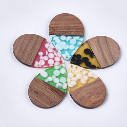 Mixed Color Resin & Walnut Wood Pendants, Teardrop, Mixed Color, 47.5~48x31.5x3mm, Hole: 2mm