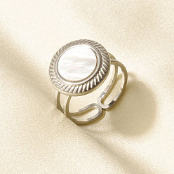 Нержавеющая Сталь Цвет 304 Открытые кольца-манжеты из нержавеющей стали с натуральными ракушками для женщин, круглые, цвет нержавеющей стали, 15 мм, внутренний диаметр: 17 мм