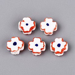 Red Handmade Porcelain Beads, Hand Painted, Famille Rose Porcelain, Clover, Red, 12~13.5x12~12.5x5.5~6mm, Hole: 2~2.2mm