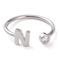 Letter N Латунные кольца из манжеты с прозрачным цирконием, открытые кольца, долговечный, платина, Письмо N, размер США 6, внутренний диаметр: 17 мм