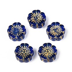Темно-Синий Прозрачные стеклянные бусины, цветок, золотой металл обвитыми, темно-синий, 14~14.5x5.5~6 мм, отверстие : 1~1.2 мм