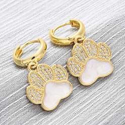 Paw Print Серьги-кольца из латуни с прозрачным кубическим цирконием, с эмалью, реальный 18 k позолоченный, отпечаток лапы, 32.5x17.5 мм