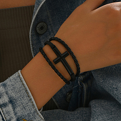 Черный Плетеные браслеты из искусственной кожи в стиле панк, украшения из цинкового сплава для мужчин и женщин, крестик, чёрные, внутренний диаметр: 8-1/4 дюйм (21 см)