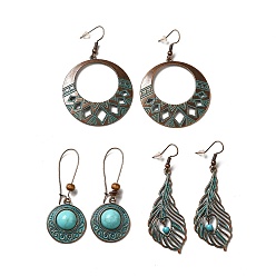 Red Copper & Green Patina 3 Pairs 3 Style Donut & Flat Round & Feather Alloy Dangle Earrings Set, Resin Beaded Long Drop Earrings for Women, Red Copper & Green Patina, 58~66mm, Pin: 0.8mm, 1 Pair/style
