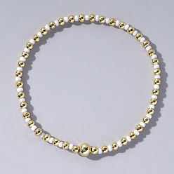 Белый Женские браслеты из круглых бусин в корейском стиле из стекла и латуни, белые, внутренний диаметр: 6-1/2 дюйм (16.5 см)