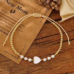 Золотой Браслеты ручной работы из латуни и круглых бусин с имитацией жемчуга, Украшения для женщин в форме сердца из натуральных ракушек, украшенные бусинами., с открытки, золотые, регулируемый