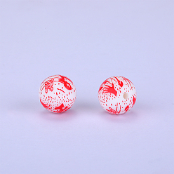 White Printed Round with Skull Pattern Silicone Focal Beads, White, 15x15mm, Hole: 2mm