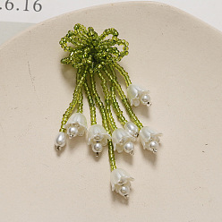 Светло-зеленый Коричневый Серьги-гвоздики с кисточками из стеклянных бусин ручной работы, с пластиковой жемчужины, оливковый, 70 мм