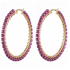 Fuchsie 304 Edelstahl-Creolen, mit Messingrhinestoneschalenkette, Ringform, golden, Fuchsie, 48~49x50x3 mm, Stift: 0.5x1 mm