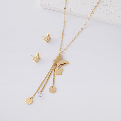 Golden 304 Stainless Steel Butterfly Stud Earrings & Tassel Necklaces Sets for Women, Golden, 460mm
