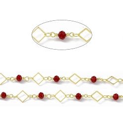 Real 18K Gold Plated Handmade Brass Rhombus Link Chains, with Red Glass Beaded, Soldered, with Spool, Real 18K Gold Plated, Link: Rhombus: 8x8x0.7mm, Round: 12x4.5mm