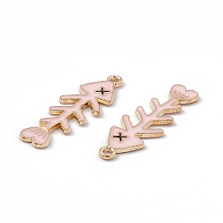 Pink Alloy Enamel Pendants, Fishbone Charm, Light Gold, Pink, 34x11x1.5mm, Hole: 1.6mm