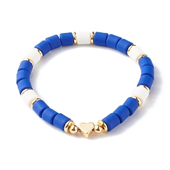 Dark Blue Handmade Polymer Clay Beads Stretch Bracelets, with Brass Beads, Heart, Dark Blue, Inner Diameter: 2~2-1/8 inch(5.2~5.3cm)