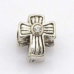 Crystal Cross Antique Silver Tone Alloy Rhinestone Beads, Large Hole Beads, Crystal, 11x9x8mm, Hole: 4mm