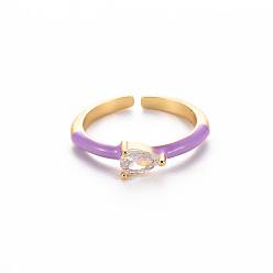 Dark Orchid Brass Enamel Cuff Rings, Open Rings, Solitaire Rings, with Clear Cubic Zirconia, Nickel Free, Teardrop, Golden, Dark Orchid, US Size 7(17.3mm)