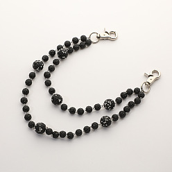 Черный Двухслойные цепочки для брюк из полимерной глины с круглыми бусинами и стразами, с поворотными застежками сплава, платина, чёрные, 300 мм
