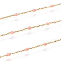 Light Salmon Handmade Brass Curb Chains, Heart Link Chains, with Enamel and Spool, Unwelded, Long-Lasting Plated, Cadmium Free & Nickel Free & Lead Free, Real 18k Gold Plated, Light Salmon, 1.5x1x0.1mm, about 32.8 Feet(10m)/roll