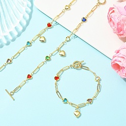 Golden Heart Charm Handmade Brass Glass Link Chain Bracelets with OT Clasps, Mixed Color, Golden, 7.56 inch(19.2cm)