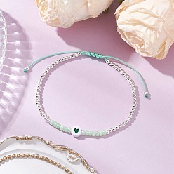 Зеленый Латунные круглые бусины плетеные браслеты из бисера для женщин, сердце, с вощеным шнуром и акриловыми и стеклянными бусинами, зелёные, внутренний диаметр: 2-1/8~3-1/8 дюйм (5.4~8 см)