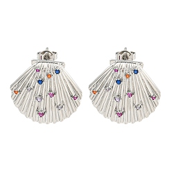 Платина Серьги-гвоздики из латуни с микропаве и кубическим цирконием, покрытие стойки, без кадмия и без свинца, долговечный, оболочка, красочная форма, платина, 20x21 мм