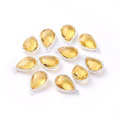 Золотистый Стеклянные подвески, с фурнитурой Berzel с открытой спиной из экологически чистого сплава, граненые, слеза, серебряный цвет гальваническим, золотые, 18x12x5 мм, отверстие : 1.4 мм