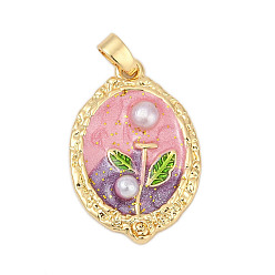 Oval Латунь эмаль подвески, с имитацией жемчуга, стойки покрытие, прочное покрытие, без кадмия и без свинца, овальные, 22.5x16x4 мм, отверстие : 4.5x2.5 мм