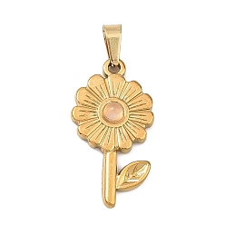Розовый Кварц Природного розового кварца подвески, с 304 нержавеющей стали, ионное покрытие (ip), золотые, подсолнечник, 24.5x13x3~3.5 мм, отверстие : 5x3 мм