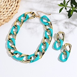 Темно-бирюзовый Ccb пластиковые овальные звенья цепи ожерелья и серьги-гвоздики наборы, темные бирюзовый, 410 мм