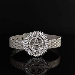 Letter A Латунные браслеты с микропаве из прозрачных кубических цирконий для женщин, плоские круглые с буквы, платина, буква a, 8-1/4 дюйм (21 см)