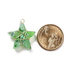 Green Natural Agate Pendants, with Real 18K Gold Plated Tone Brass Wire Wrapped, Dyed, Star, Green, 29.7x27.2x10.5mm, Hole: 2.9mm