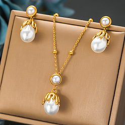 Teardrop 304 ожерелье из нержавеющей стали с пластиковым жемчугом и серьгой-гвоздиком, золотые, слеза, 400 мм и 27x10 мм