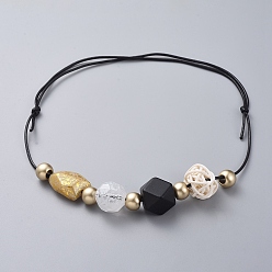 Black Adjustable Bib Necklaces, with Acrylic Beads, Handmade Cane Woven Beads and Waxed Polyester Cord, Black, 15.7 inch~26.7 inch(40~68cm)