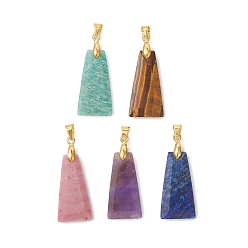 Золотой Природные смешанные подвески драгоценных камней, Граненые трапециевидные подвески с латунными застежками-карабинами, смешанные окрашенные и неокрашенные, золотые, 32x13x4 мм, отверстие : 4.5x3.5 мм