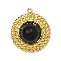 Black Onyx 304 подвески из нержавеющей стали с синтетическим черным ониксом, круглые, ионное покрытие (ip), реальный 18 k позолоченный, 22x18 мм