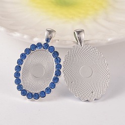 Light Sapphire Oval Alloy Rhinestone Pendant Cabochon Settings, Cadmium Free & Lead Free, Picture Memory Frame Pendants, Silver Color Plated, Light Sapphire, Tray: 18x25mm, 43x27x3mm, Hole: 4x7mm, 38pcs/bag
