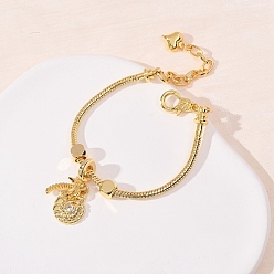 Настоящее золото 18K Браслеты из латуни с микропаве и прозрачными кубическими циркониями., латунные браслеты-змейки для женщин, реальный 18 k позолоченный, 6.73 дюйм (17.1 см), Кулон : 28x13.5 мм