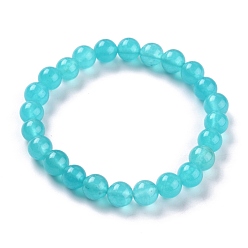 Cyan Dyed Natural Jade Beads Stretch Bracelets, Round, Cyan, Inner Diameter: 2-1/4 inch(5.7cm), Bead: 8~8.5mm