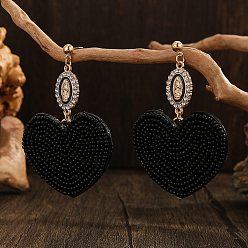 Черный Серьги-гвоздики в стиле бохо из стеклянных бусин ручной работы в форме сердца с овальными подвесками, золотые, чёрные, 62x47 мм