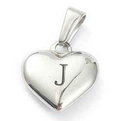 Letter J 304 Stainless Steel Pendants, Heart with Black Letter, Stainless Steel Color, Letter.J, 16x16x4.5mm, Hole: 7x3mm